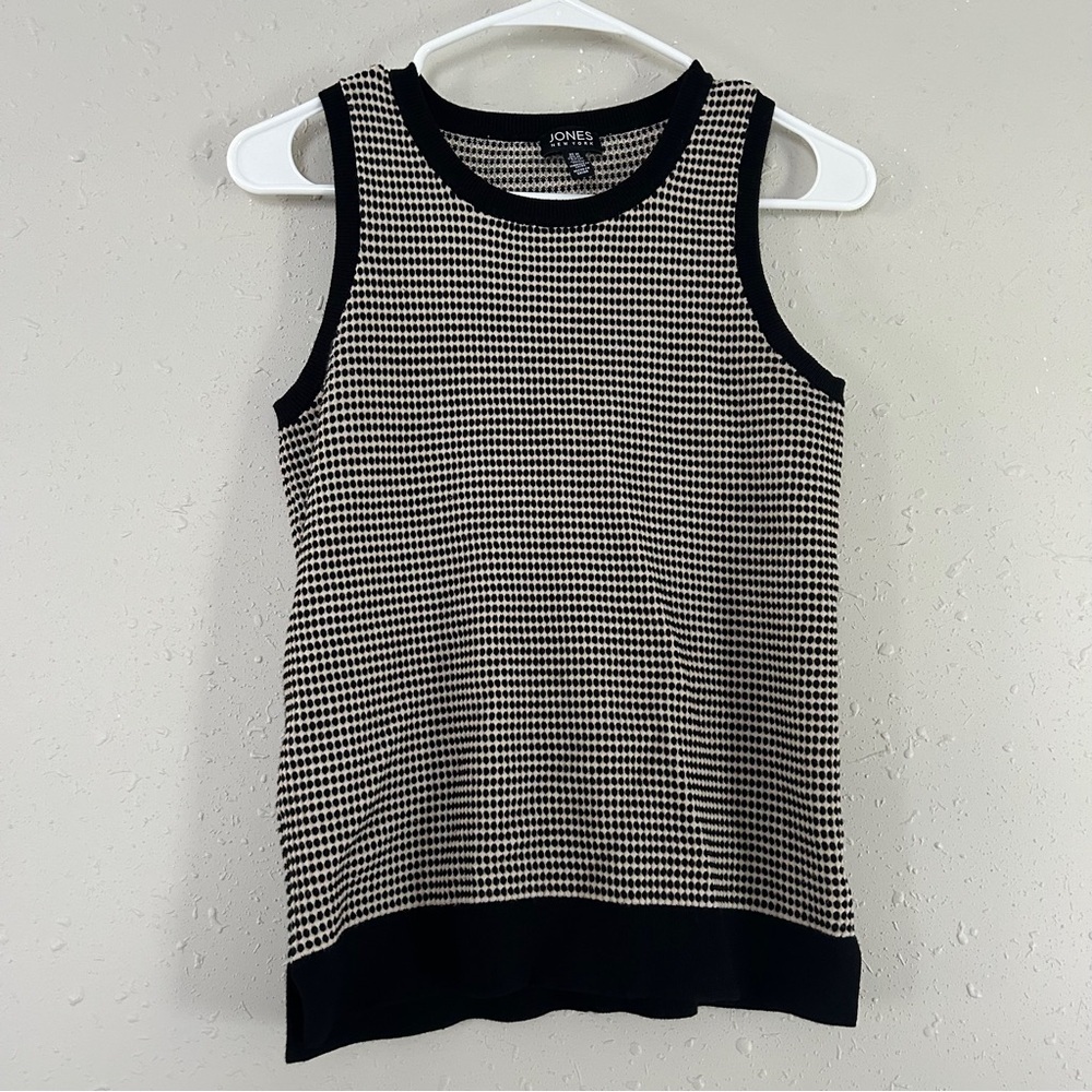 Jones New York Black Cream Checkered Sleeveless Blouse Top Preppy Office Neutral - Picture 1 of 6